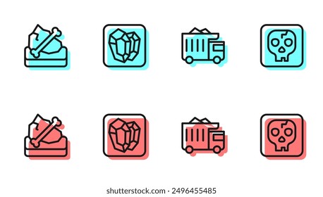 Set line Mining dump truck, Archeology, Gem stone and  icon. Vector