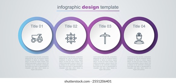 Set line Mining dump truck, Bucket wheel excavator, Pickaxe and Miner helmet. Business infographic template. Vector