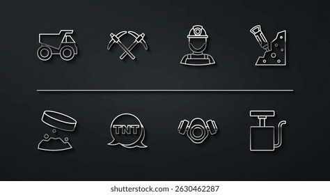Definir linha Caminhão de despejo de mineração, Ímã gigante segurando pó de ferro, Martelo de construção, Máscara de gás, Dinamite, Pickaxe, Handle detonador e Miner ícone de capacete. Vetor