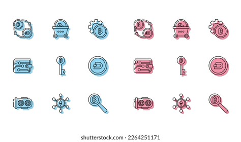 Set line Mining farm, Blockchain technology Ethereum ETH, Cryptocurrency exchange, Magnifying glass with Bitcoin, key, Dash, wallet and Shopping basket bitcoin icon. Vector