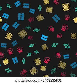 Set line Mining farm, Blockchain technology, ASIC Miner and Bitcoin think on seamless pattern. Vector