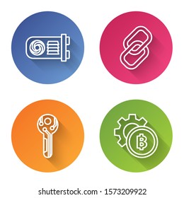 Set line Mining farm, Chain link, Cryptocurrency key and Cryptocurrency coin Bitcoin. Color circle button. Vector
