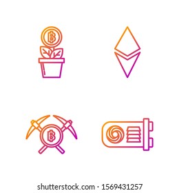 Set line Mining farm, Crossed pickaxe, Bitcoin plant in the pot and Cryptocurrency coin Ethereum ETH. Gradient color icons. Vector