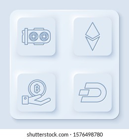 Set line Mining farm, Cryptocurrency coin Ethereum ETH, Hand holding Bitcoin and Cryptocurrency coin Dash. White square button. Vector