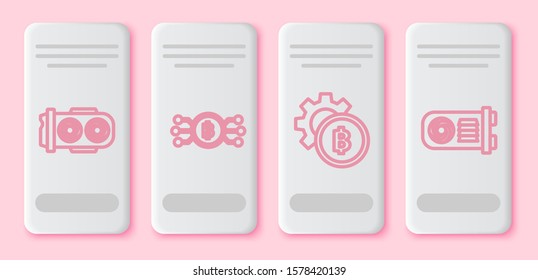 Set line Mining farm, Cryptocurrency bitcoin in circle with microchip circuit, Cryptocurrency coin Bitcoin and Mining farm. White rectangle button. Vector