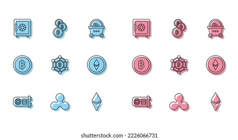 Establezca la línea Minería de la granja, la moneda de criptografía Rupple XRP, Safe, Ethereum ETH, Blockchain tecnología Bitcoin e icon. Vector