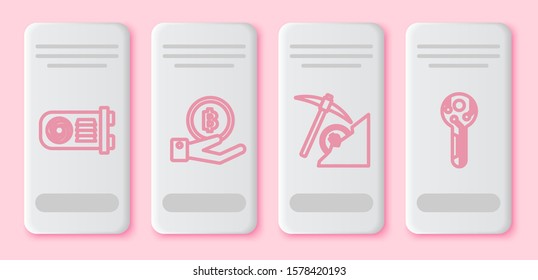 Set line Mining farm, Hand holding Bitcoin, Cryptocurrency cloud mining and Cryptocurrency key. White rectangle button. Vector