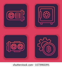 Set line Mining farm, Mining farm, Safe and Cryptocurrency coin Bitcoin. Blue square button. Vector