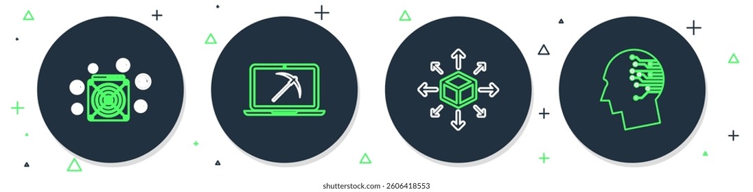 Set line Mining with laptop and pickaxe, Distribution, ASIC Miner and Bitcoin think icon. Vector