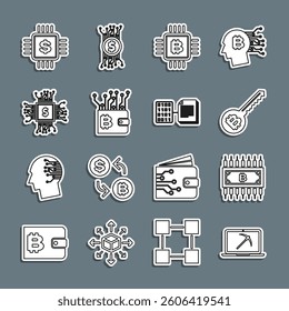 Set line Mining with laptop and pickaxe, Cryptocurrency bitcoin circuit, key, CPU mining farm, wallet, Processor chip dollar,  and Smart contract icon. Vector