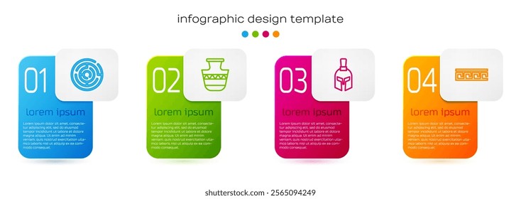 Set line Minotaur labyrinth, Ancient amphorae, Greek helmet and pattern. Business infographic template. Vector