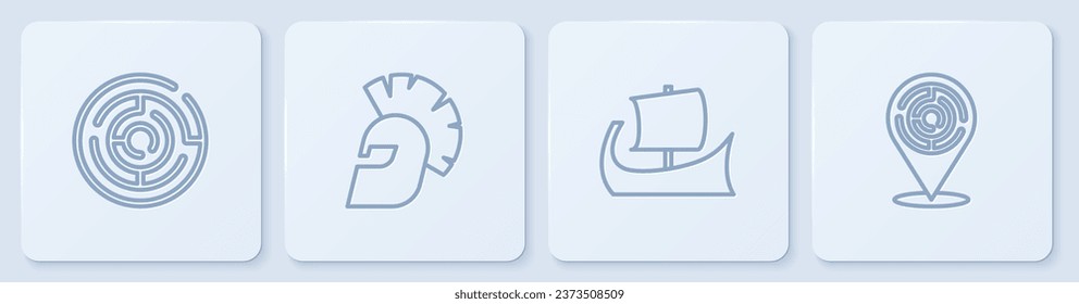 Set line Minotaur labyrinth, Greek trireme, helmet and . White square button. Vector