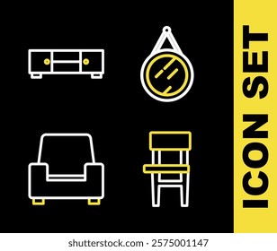 Set line Mirror, Chair, Armchair and Chest of drawers icon. Vector