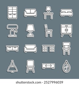 Set line Mirror, Chair, Chest of drawers, Table lamp on table, Wardrobe and  icon. Vector