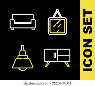 Set-Linie Spiegel, Kommode, Kronleuchter und Sofa-Ikone. Vektorgrafik