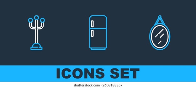 Set line Mirror, Coat stand and Refrigerator icon. Vector
