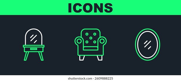 Set line Mirror, Dressing table and Armchair icon. Vector