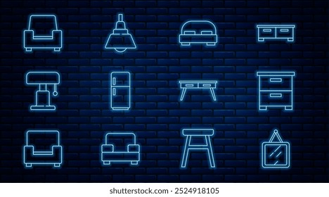 Set-Linie Spiegel, Möbel Nachttisch, Großes Bett, Kühlschrank, Tischlampe, Sessel, Schreibtisch und Kronleuchter-Symbol. Vektorgrafik