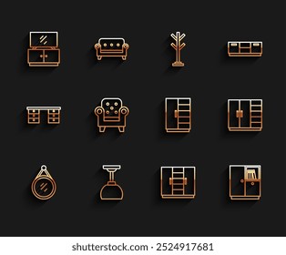Set line Espejo, Lámpara colgante, soporte de mesa de TV, Armario, Sillón e icono. Vector
