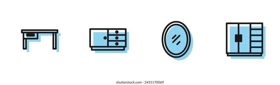 Set line Mirror, Office desk, Chest of drawers and Wardrobe icon. Vector