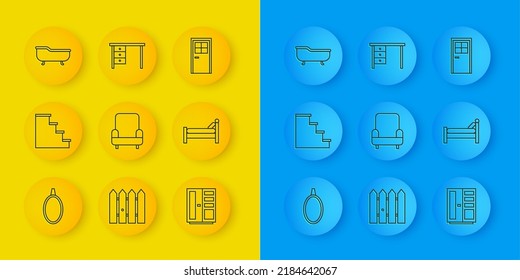 Set line Mirror, Staircase, Armchair, Wardrobe, Bed, Bathtub, Closed door and Office desk icon. Vector