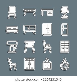 Set line Mirror, Wardrobe, Refrigerator, Office desk, Chest of drawers, Big bed, Chair and  icon. Vector