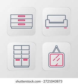 Conjunto de línea de espejo, armario, sofá y cajones de pecho icono. Vector