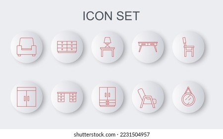 Set line Mirror, Wardrobe, Table lamp on table, Armchair, Chest of drawers, Office desk and  icon. Vector