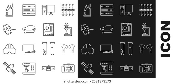 Set line Mirrorless camera, Air headphones, Microscope, Computer monitor, Electric car, Wireless charger, Test tube flask fire and Motherboard icon. Vector