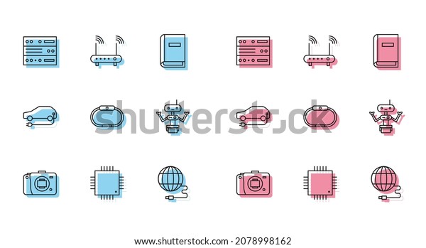 Set line\
Mirrorless camera, Processor with microcircuits CPU, Server, Data,\
Web Hosting, Social network, Smartwatch, Robot, Electric car and\
Router and wi-fi signal icon.\
Vector
