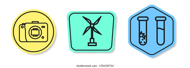 Set line Mirrorless camera, Wind turbine and Test tube and flask. Colored shapes. Vector