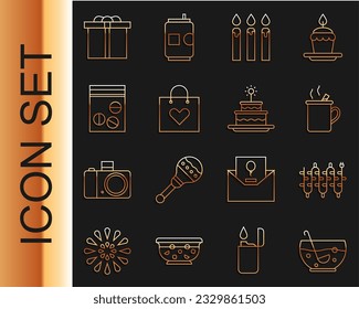 Set line Mixed punch in bowl, Christmas lights, Mulled wine, Birthday cake candles, Shopping bag with heart, Plastic of drug, Gift box and Cake burning icon. Vector