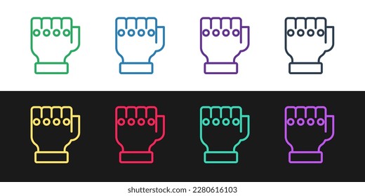 Set line MMA glove icon isolated on black and white background. Sports accessory fighters. Warrior gloves.  Vector