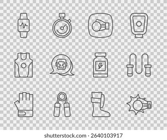 Set line MMA glove, Punch in boxing, Boxing, Sport expander, Smart watch with heart, helmet, shoes and Jump rope icon. Vector