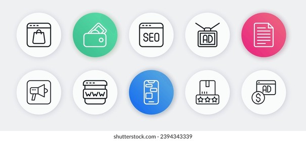 Set line Mobile 24 hours support, File document, Megaphone, Consumer product rating, Advertising, SEO optimization,  and Browser window icon. Vector