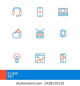 Set line Mobile 24 hours support, Market analysis, Light bulb, Diamond, Wallet with money, Advertising, Stacks paper cash and Magnifying glass and mobile icon. Vector