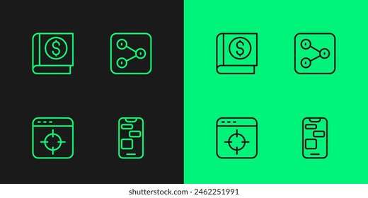Set line Mobile 24 hours support, Target financial goal, Financial book and Share icon. Vector