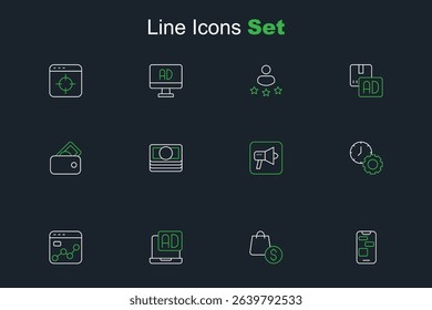Set line Mobile 24 hours support, shopping bag and dollar, Advertising, Market analysis, Time management, Megaphone, Stacks paper money cash and Wallet with icon. Vector