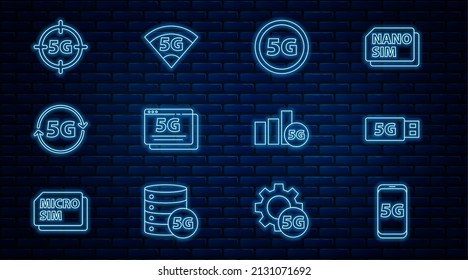 Set line Mobile with 5G network, modem, and icon. Vector