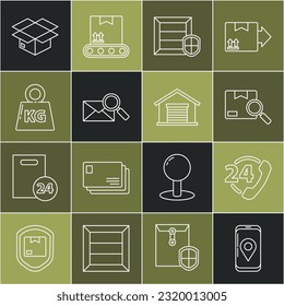 Fijar línea Móvil con seguimiento de entrega de aplicaciones, Soporte telefónico las 24 horas, Paquete de búsqueda, Protector de seguridad de entrega, Vidrio de aumento de sobres, Peso, Caja de cartón y icono de almacén. Vector
