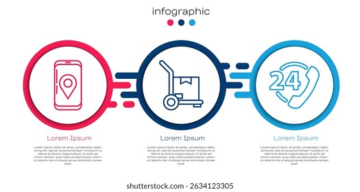 Set line Mobile com rastreamento de entrega de aplicativos, Caminhão de mão e caixas e suporte por telefone 24 horas. Modelo de infográfico comercial. Vetor