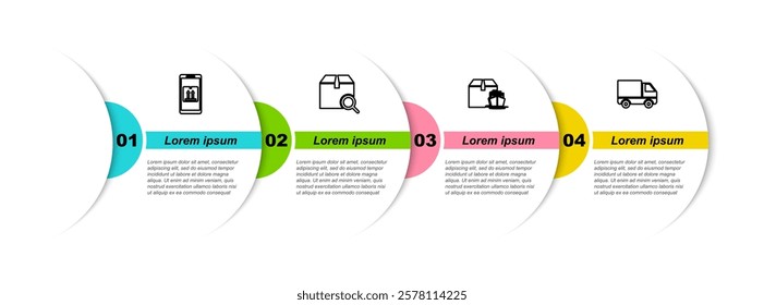 Set line Mobile with app tracking, Search package, Cargo ship boxes and Delivery cargo truck vehicle. Business infographic template. Vector