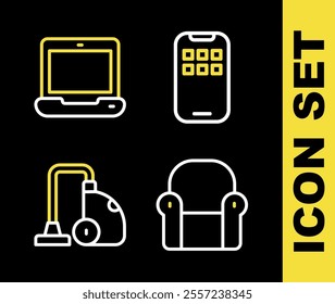 Set line Mobile Apps, Armchair, Vacuum cleaner and Laptop icon. Vector