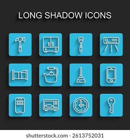 Set line Mobile Apps, Microwave oven, Hammer, Clock, House key, Kettle with handle, phone and Handle broom icon. Vector