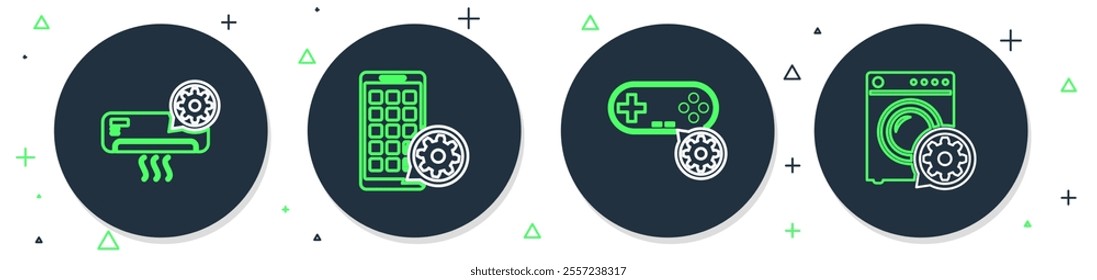 Set line Mobile Apps setting, Gamepad, Air conditioner and Washer icon. Vector