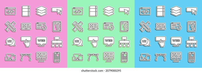 Set line Mobile Apps, Site map, Web development, Layers, UI or UX design, Crossed ruler and pencil, Front end and Website statistic icon. Vector