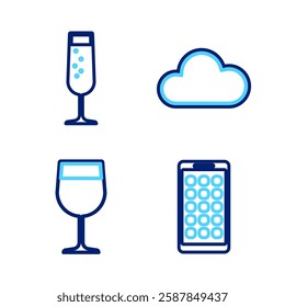 Set line Mobile Apps, Wine glass, Cloud and Glass of champagne icon. Vector