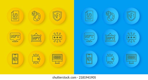 Set line Mobile with art store app, NFT Digital crypto, Binary code, Cyber security, shield and  icon. Vector