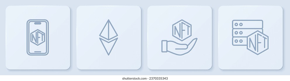 Set line Mobile with art store app, NFT Digital crypto, Ethereum ETH and blockchain technology. White square button. Vector