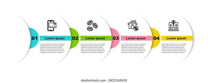 Set line Mobile banking, Coin money with dollar, House percant discount and Bank building. Business infographic template. Vector